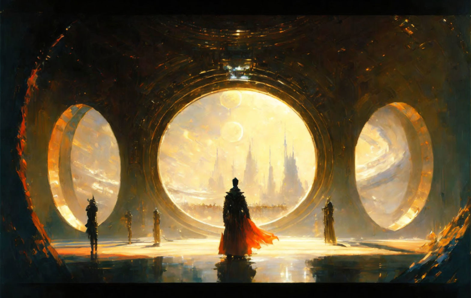 Silhouetted figure in red cape in futuristic cityscape chamber