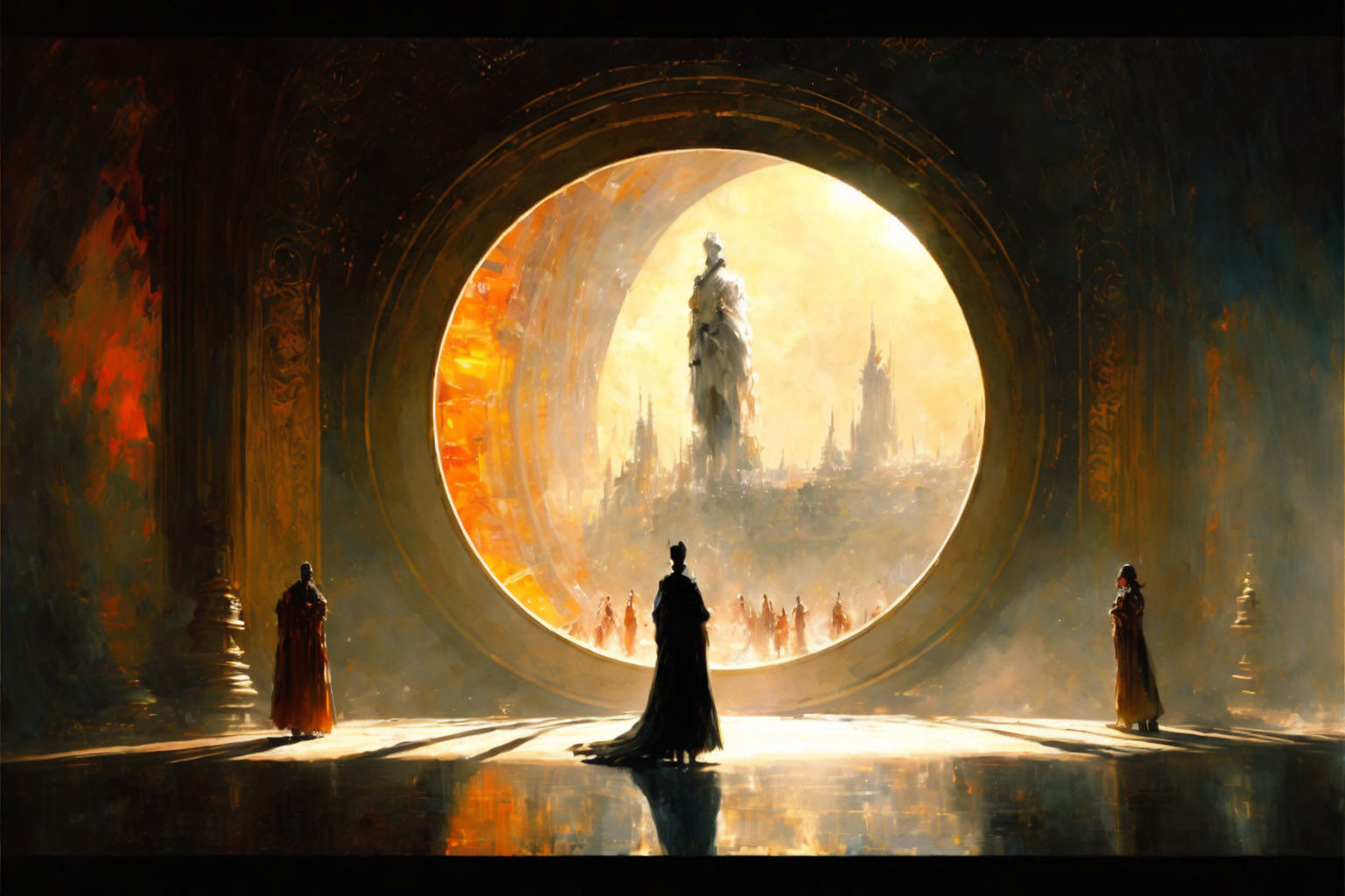 Robed Figures in Dark Chamber Gaze at Bright Cityscape Through Circular Portal