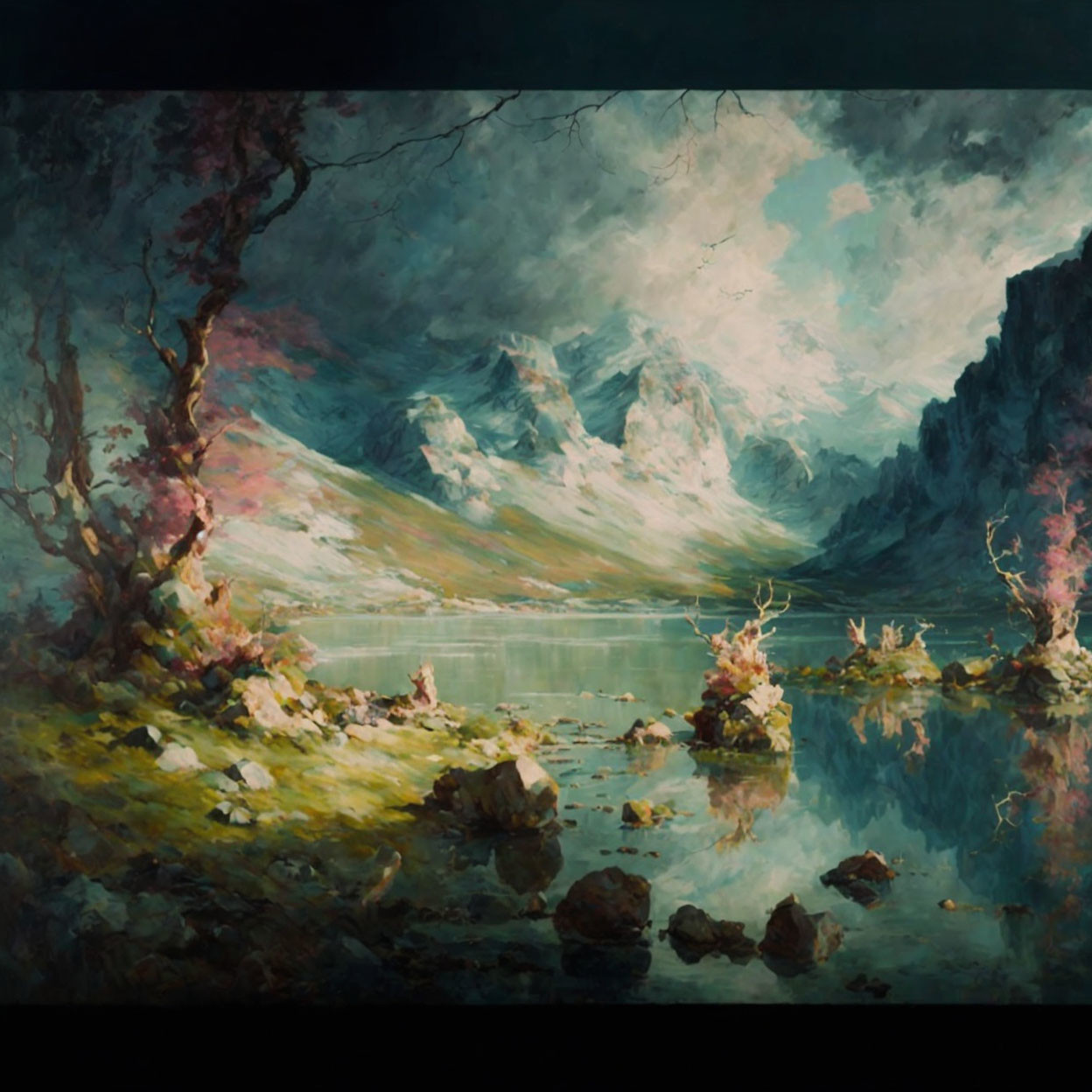 Mountain, lake, trees, atmospheric lighting, dramatic clouds