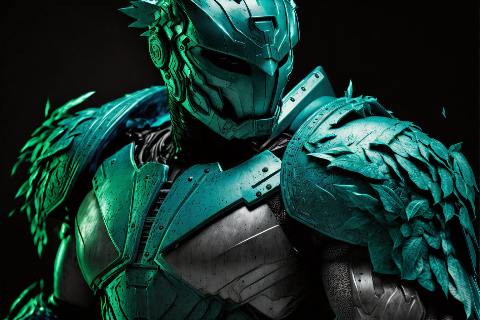 Futuristic armored suit with teal highlights and feather-like details