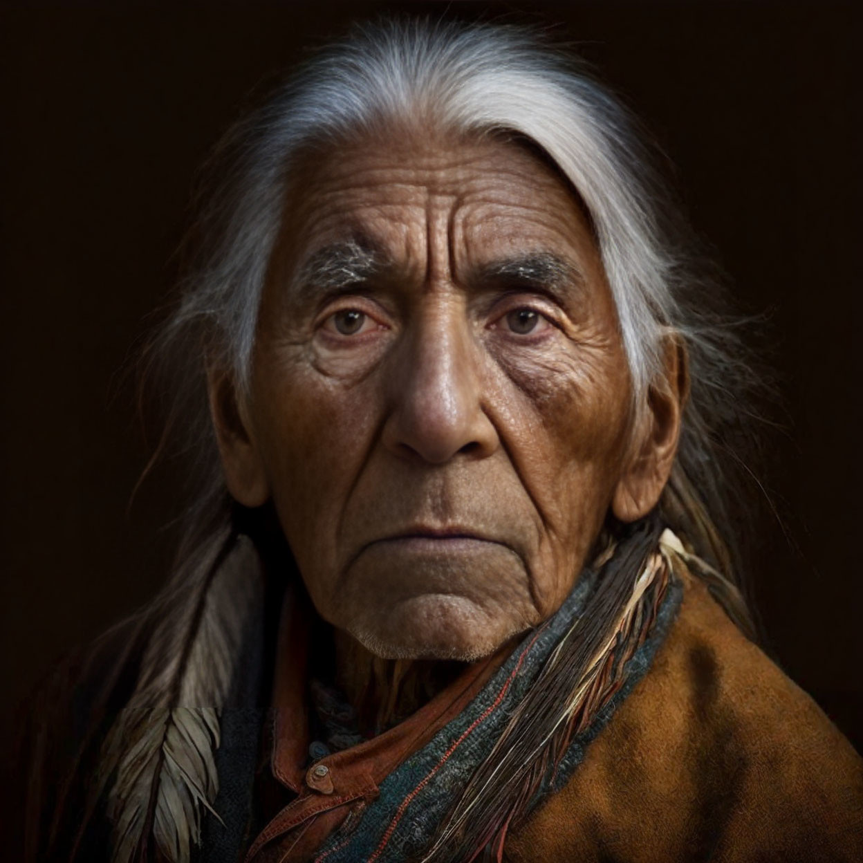 Elderly person with long gray hair and feathered adornment in brown garment