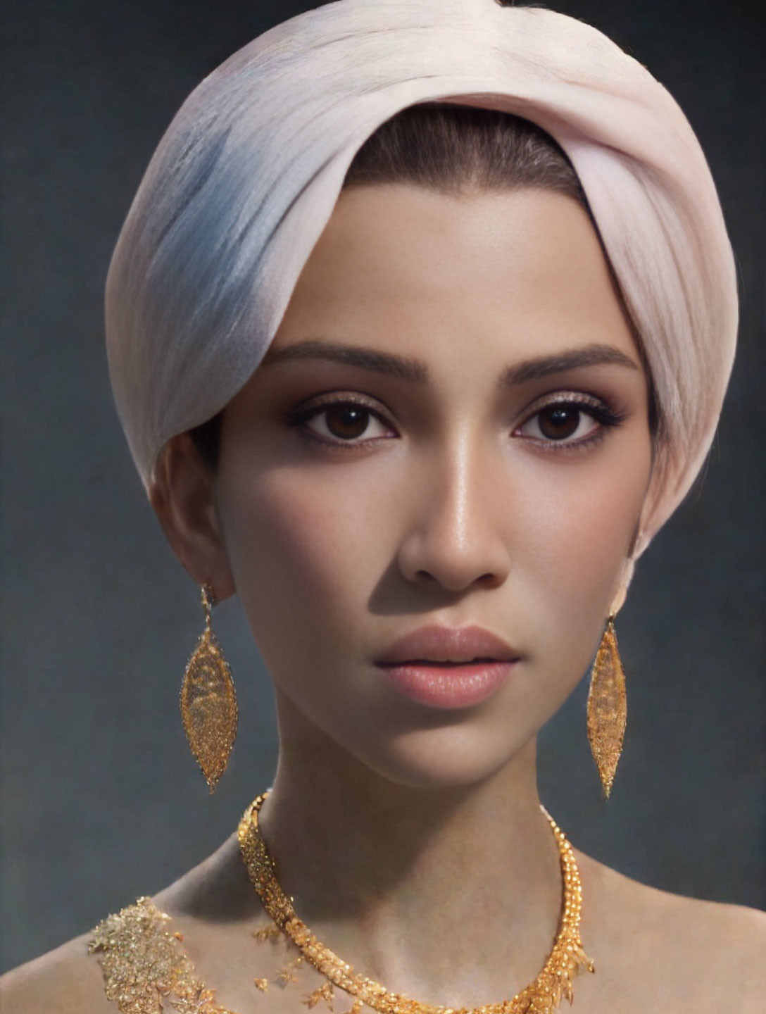 Woman in White Headscarf and Gold Jewelry on Gray Background