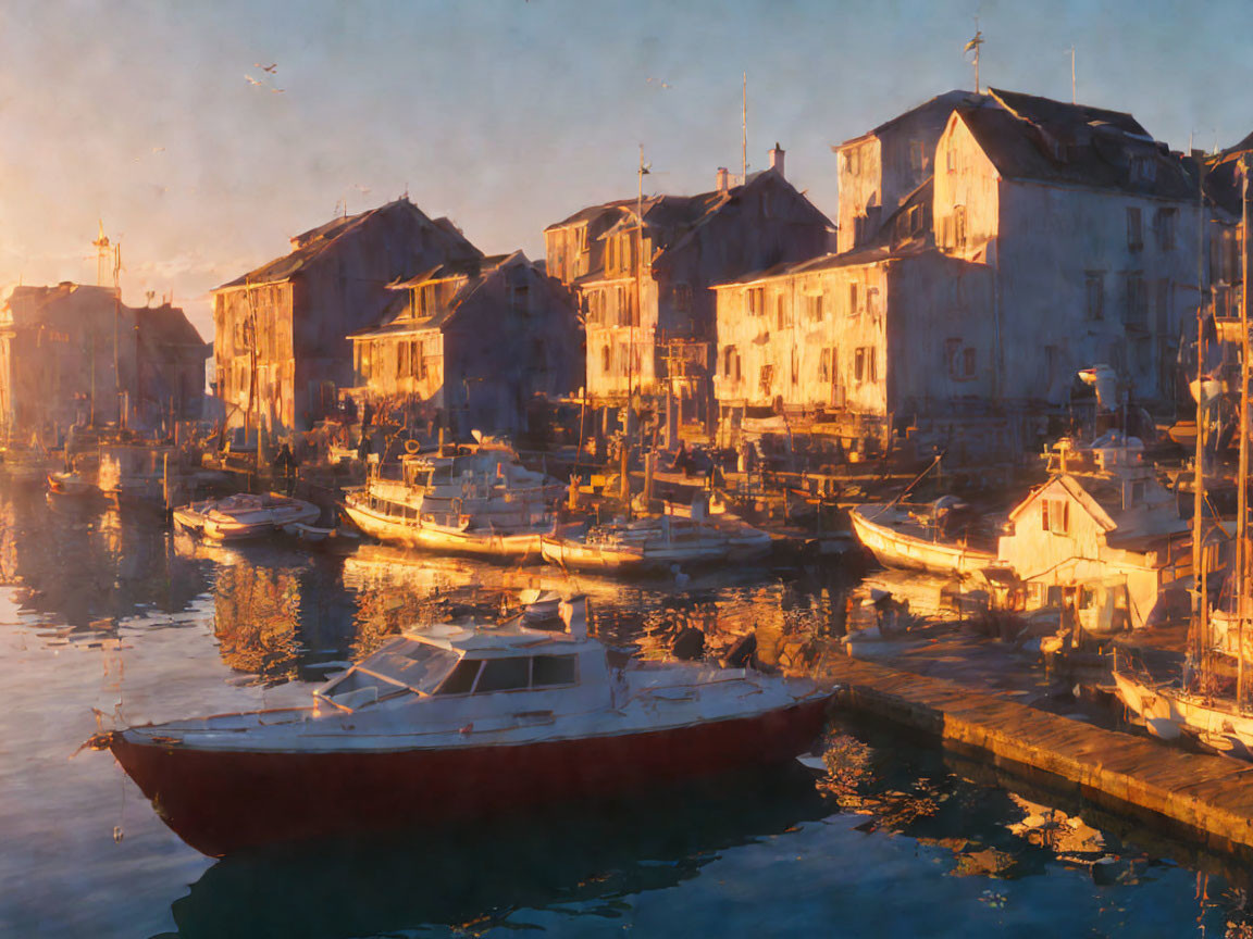 Tranquil harbor at sunset with boats and aged buildings