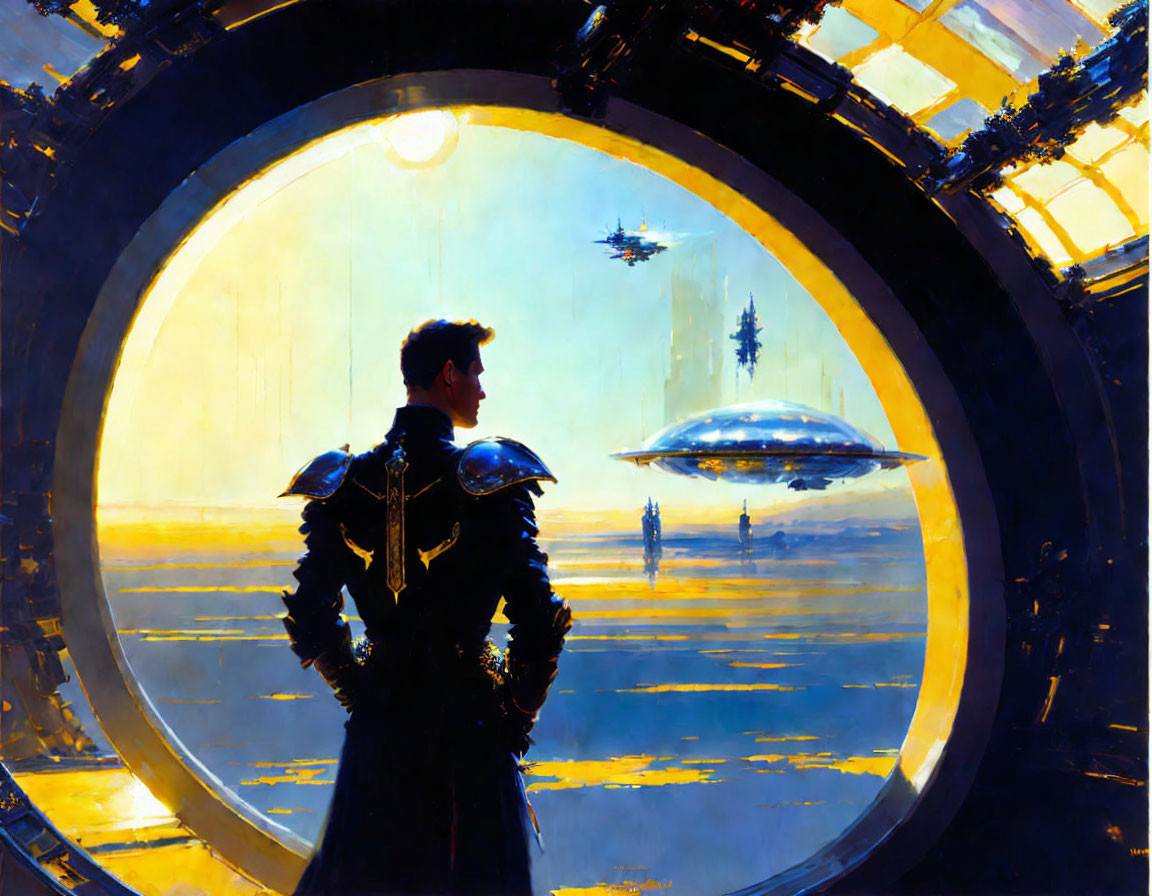 Futuristic uniformed person gazes at seascape with flying vehicles and distant city under golden sky