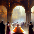 Ballroom scene with people in period attire, woman in orange dress under grand chandeliers.