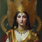 Dark-Haired Woman in Golden Headdress and High-Collar Cloak