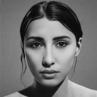 Dark-haired woman in monochrome portrait with intense eyes and neutral expression on grey background