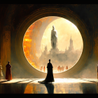 Robed Figures in Dark Chamber Gaze at Bright Cityscape Through Circular Portal