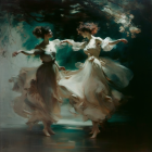 Ethereal women dancing in flowing dresses against dreamlike backdrop