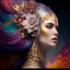 Fantasy-themed woman portrait with floral headpiece & colorful hair