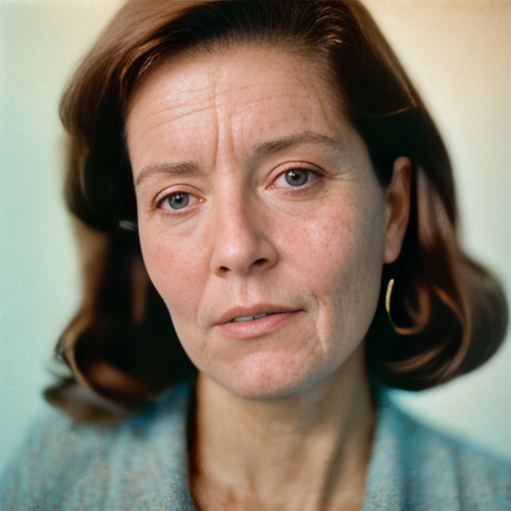 Brown-haired woman in blue top and earrings, close-up portrait with neutral expression