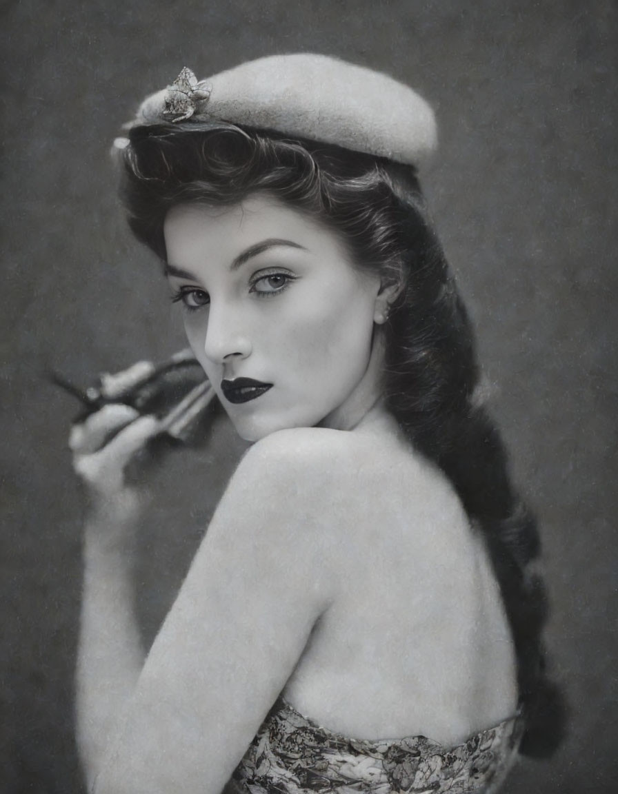 Vintage black and white photo of woman with hat and cigarette holder