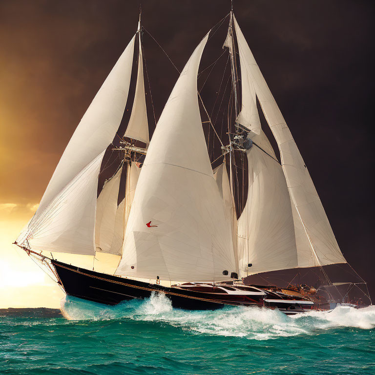 White-sailed sailing yacht on choppy turquoise waters under dramatic amber sky