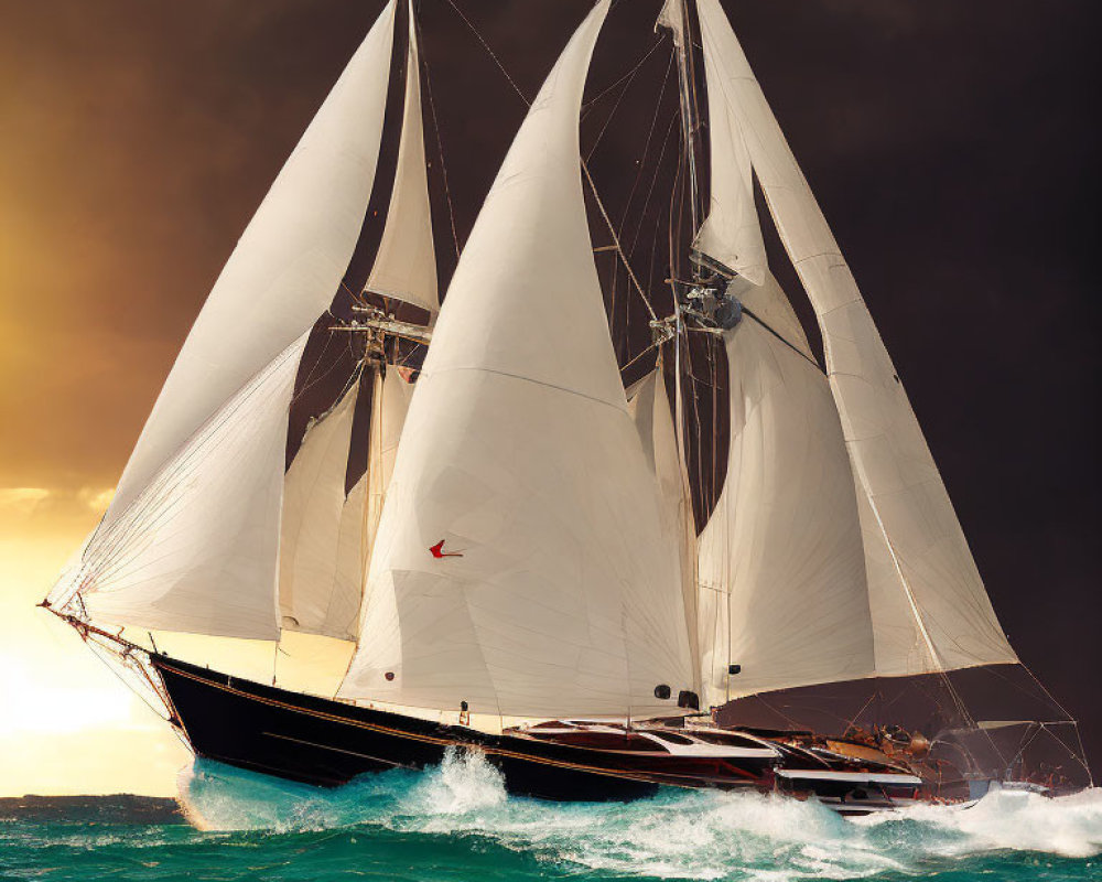 White-sailed sailing yacht on choppy turquoise waters under dramatic amber sky