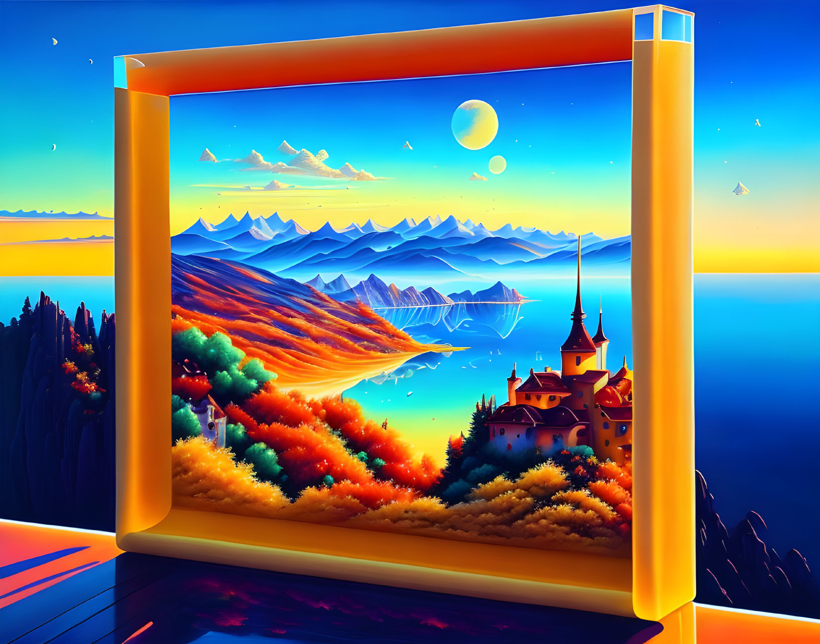 Colorful surreal digital landscape with mountains, castle, autumn trees, moon, and sea under sunset sky