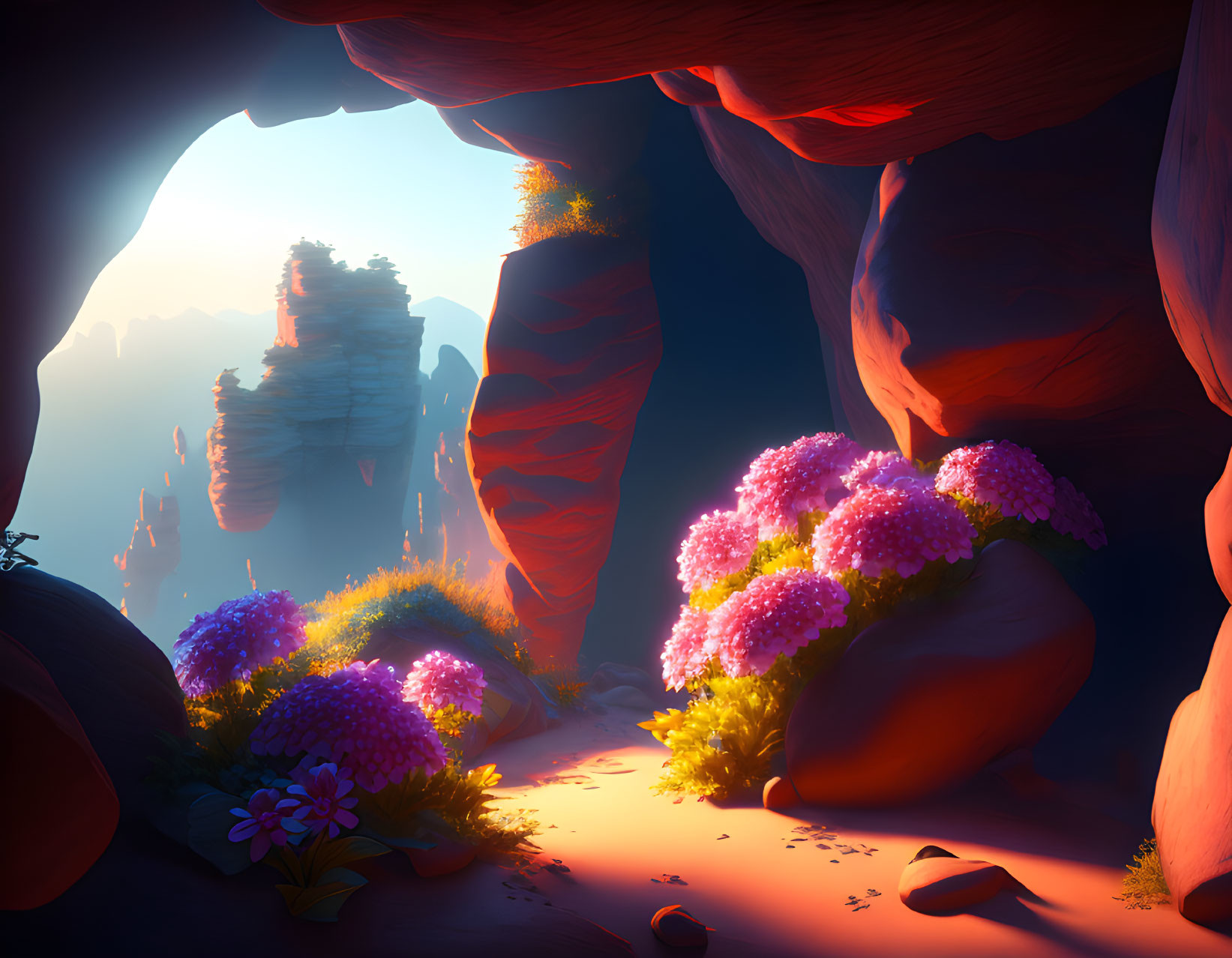 Colorful digital art: Cave opening with towering rocks, warm light, and pink bushes.