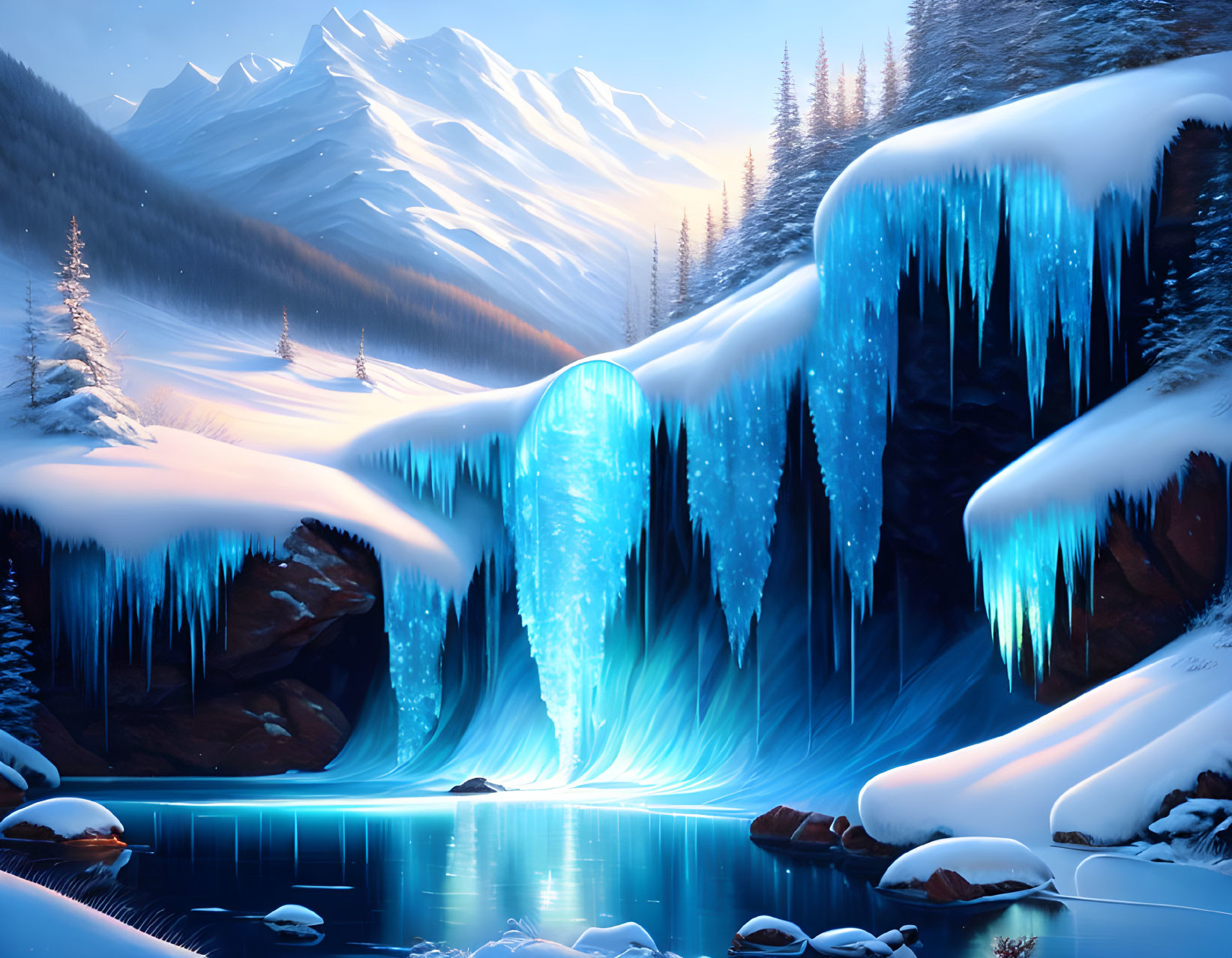 Frozen Waterfall and Snowy Landscape with Mountains and River