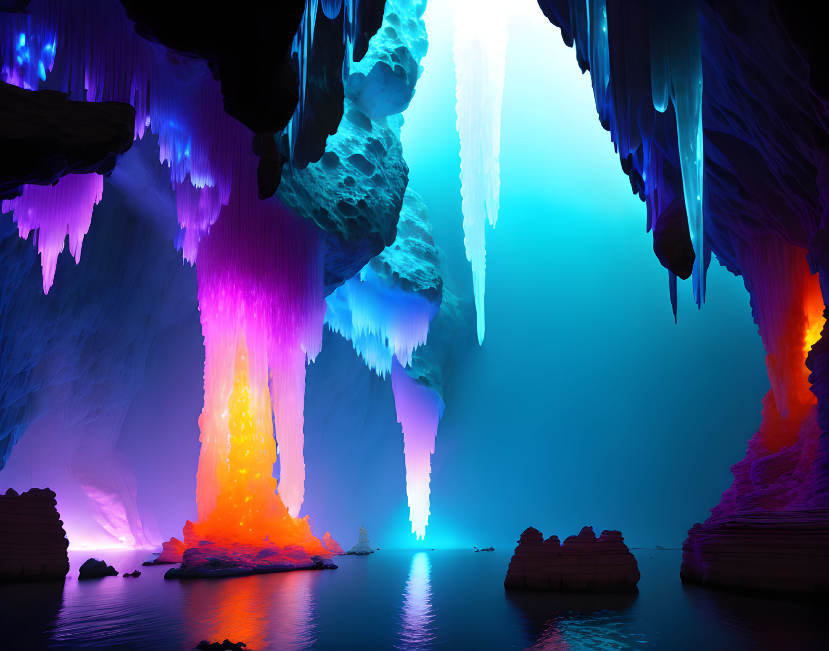 Colorful Neon Cave with Icicle Formations and Water Surface