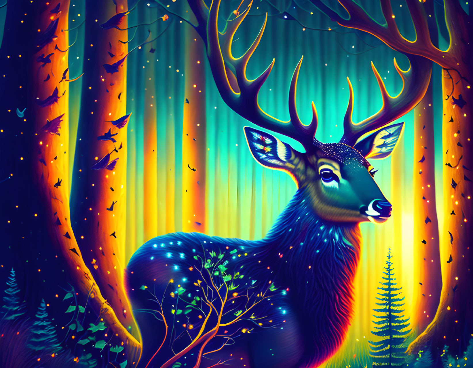 Majestic deer with luminous antlers in enchanted forest with glowing trees