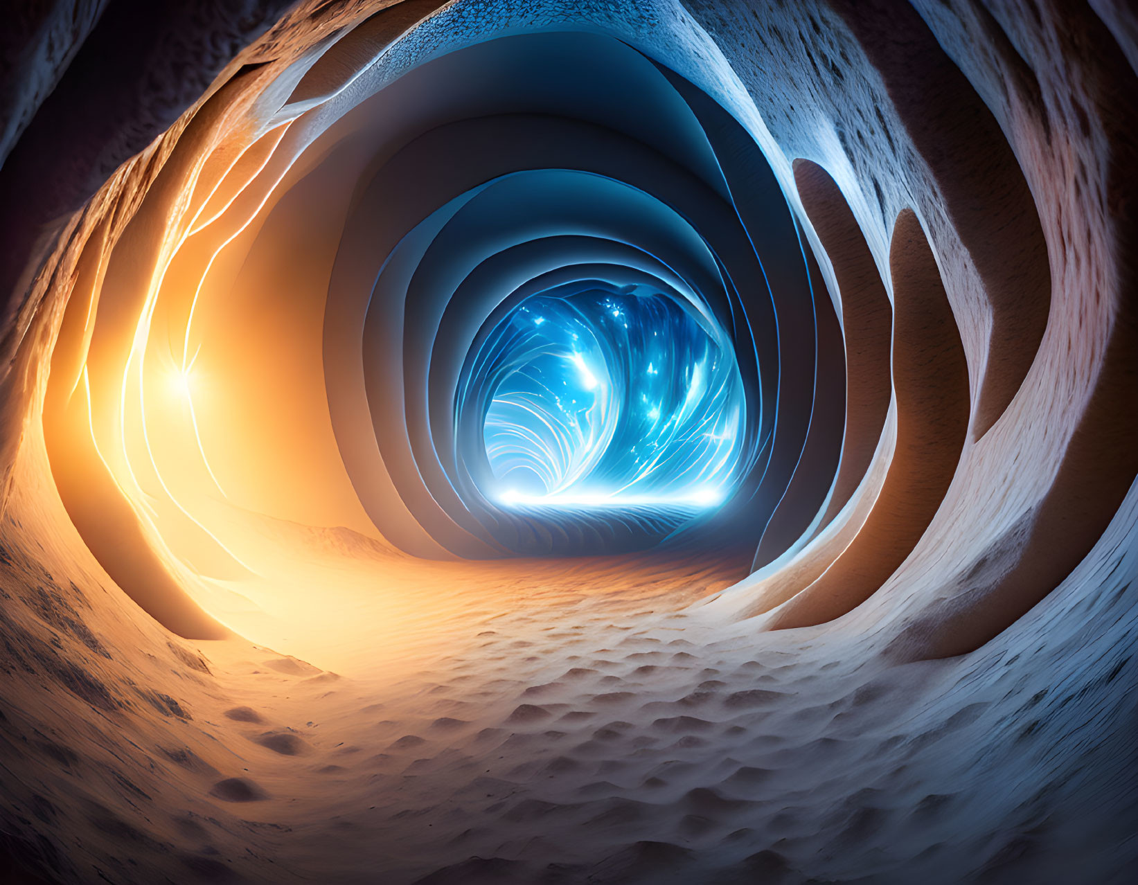 Swirling blue light patterns in otherworldly tunnel