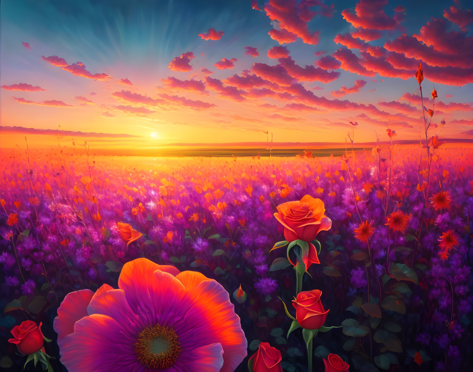 Colorful Sunset with Sunbeams Over Purple Wildflowers and Red Roses