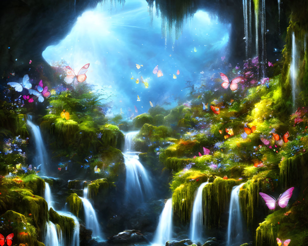 Luminous butterflies in mystical fantasy landscape