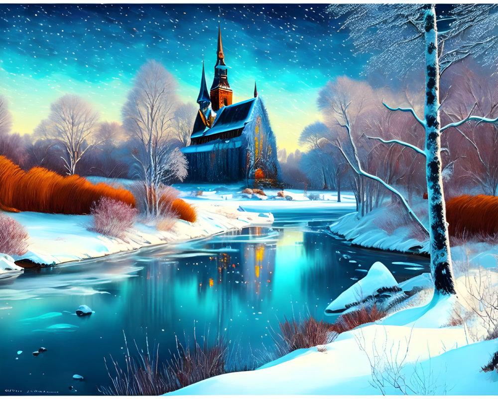 Winter Gothic church scene with starry sky and snow-covered landscape