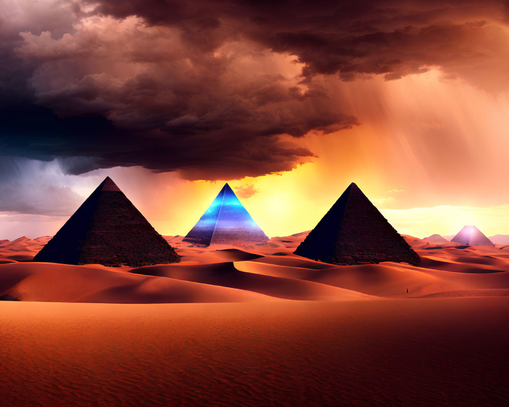 Three pyramids in desert under dramatic sky with blue glowing light