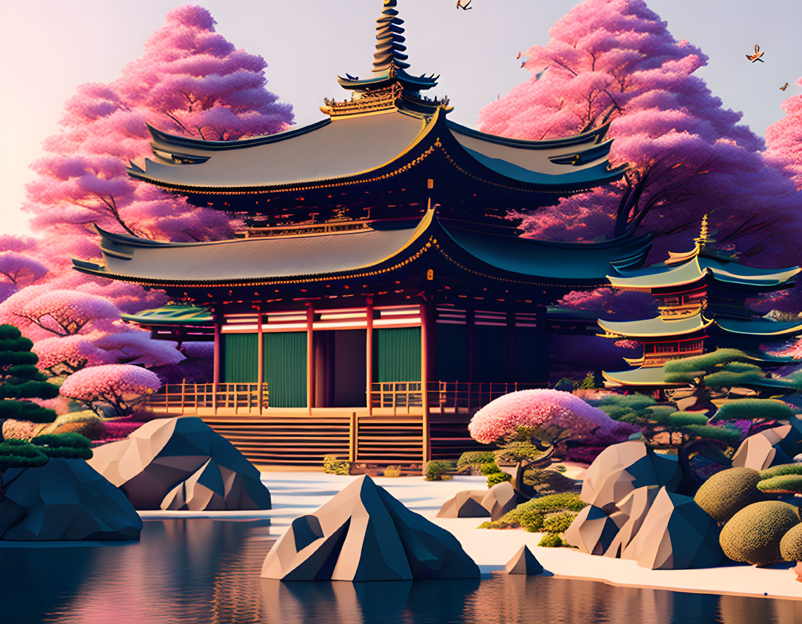 Traditional Japanese temple with cherry blossoms in sunset light