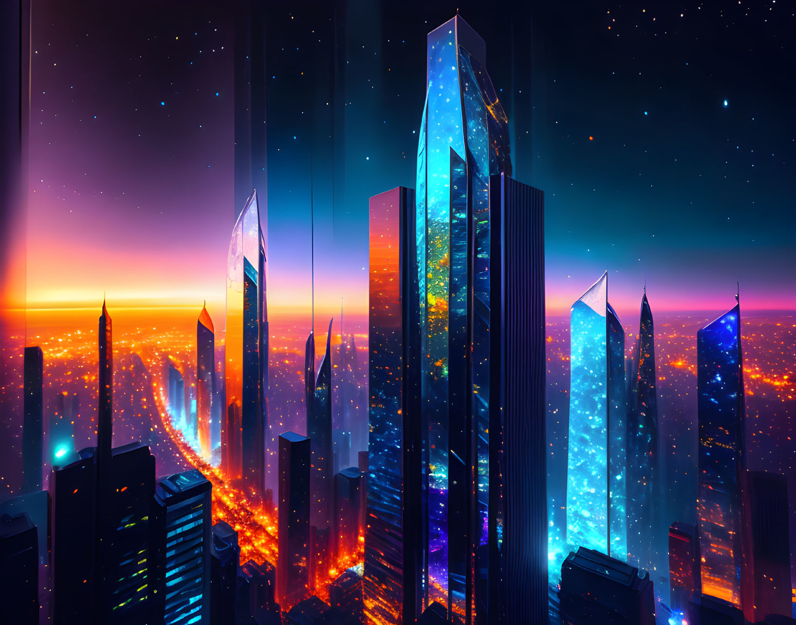 Futuristic twilight cityscape with neon-lit skyscrapers