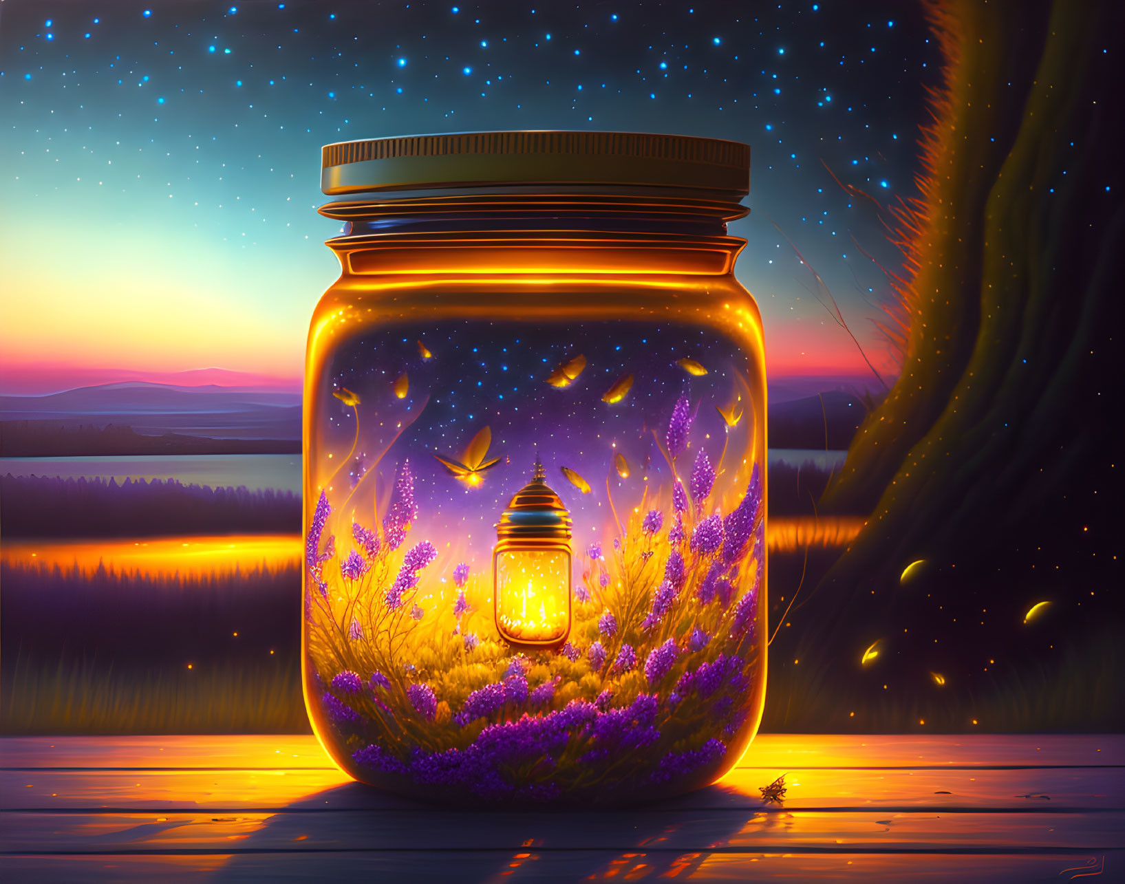 Enchanting glass jar with purple flowers, lantern, fireflies, sunset, and starry sky