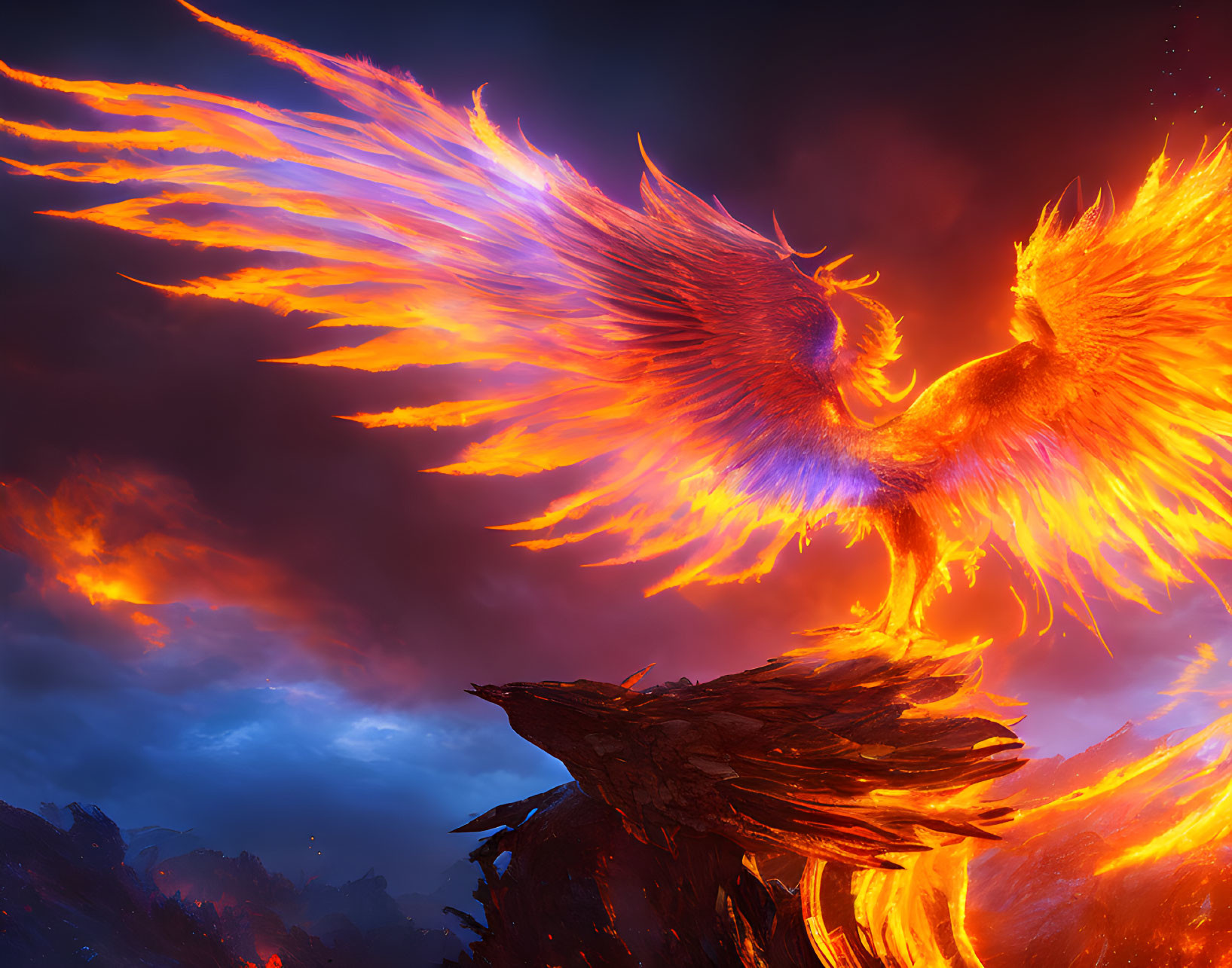 Fiery phoenix against dramatic dusky sky with red and blue clouds