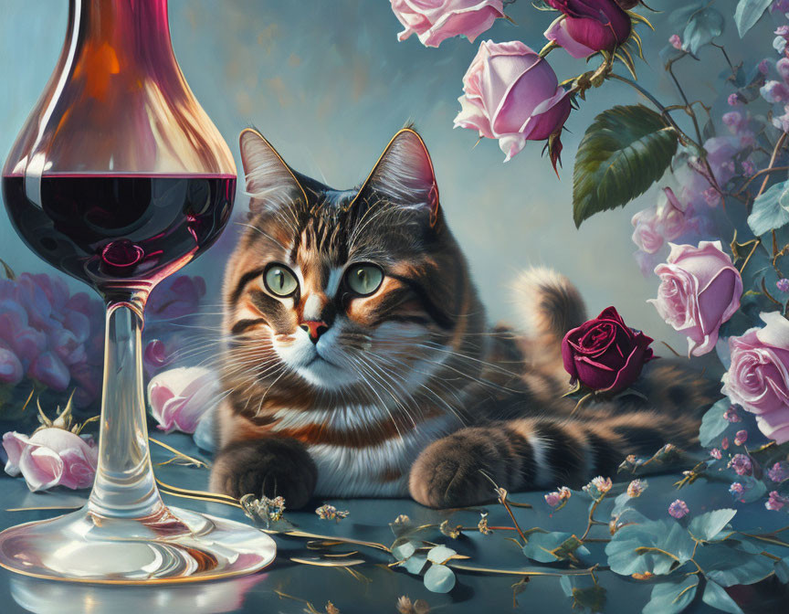 Realistic painting of tabby cat with roses and red wine.