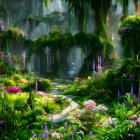 Lush greenery and vibrant flowers in mystical forest ruins