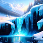 Frozen Waterfall and Snowy Landscape with Mountains and River