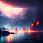 Surreal landscape with glowing red fissures in dark mountains under stormy sky