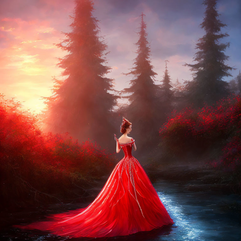 Woman in Red Gown by Stream in Mystical Forest at Sunrise