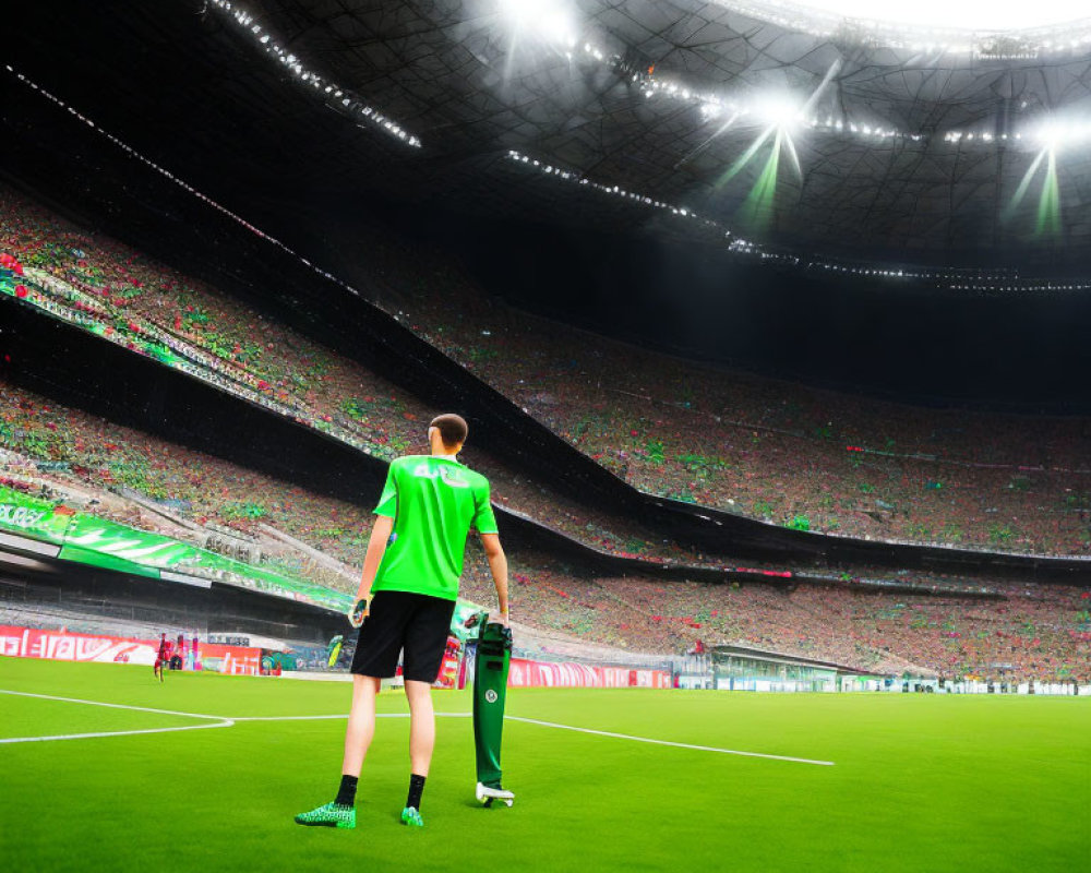 Soccer player in green jersey on lush pitch gazes at illuminated stadium.