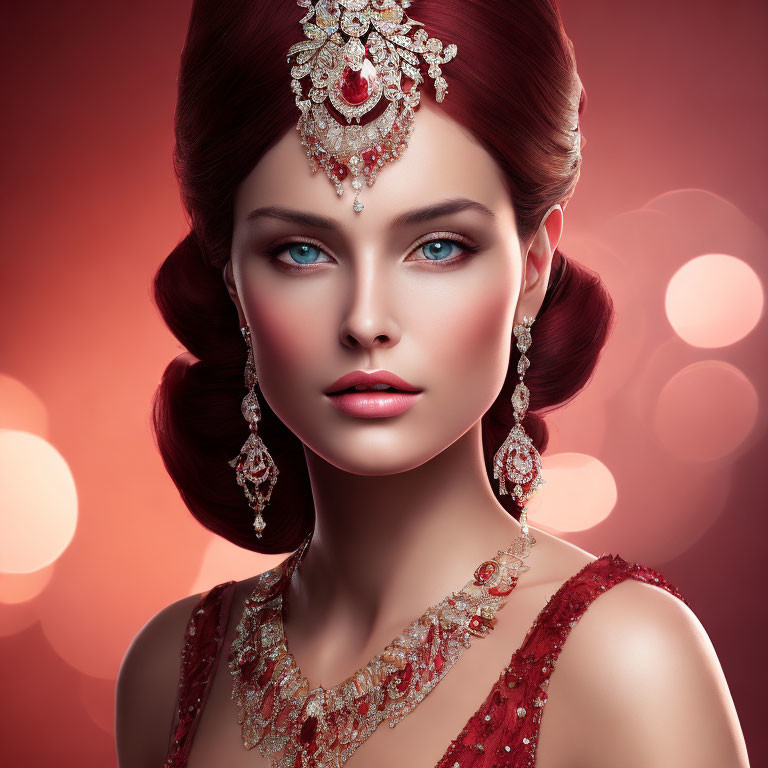 Digital artwork featuring woman with blue eyes in red and gold jewelry on red backdrop.