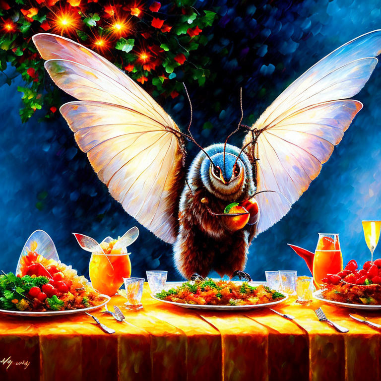 Colorful moth painting above dining table with drinks and food under illuminated tree