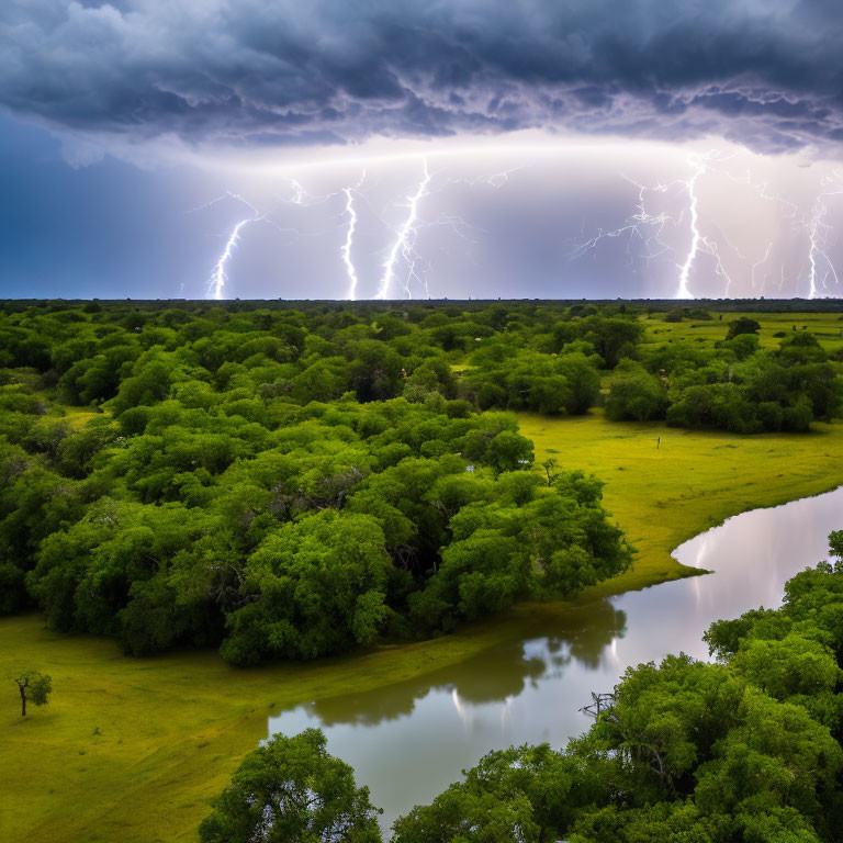 Multiple Lightning Strikes Illuminate Dark Stormy Skies Above Green Landscape