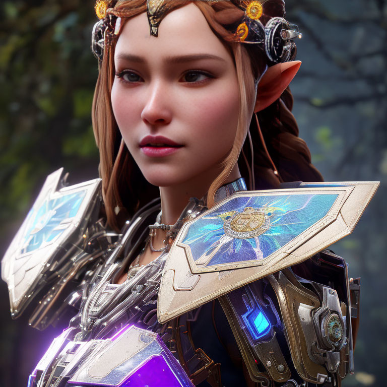 Female elf in intricate armor with glowing blue elements and holographic shield against natural backdrop