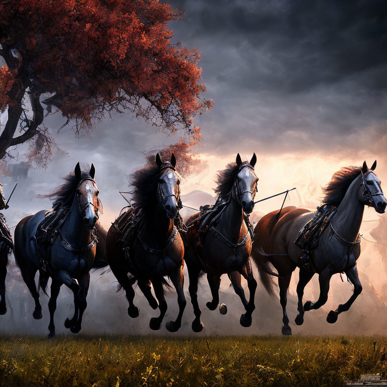 Four armored riders on horses gallop under fiery sky.