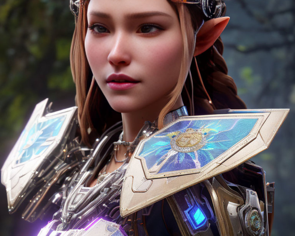 Female elf in intricate armor with glowing blue elements and holographic shield against natural backdrop