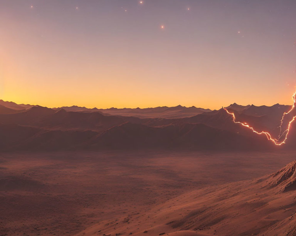 Desert landscape at dusk with starry sky and lightning bolt