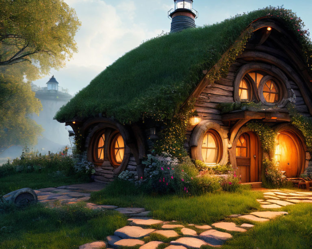 Charming fairy-tale cottage with grassy roof and round doors nestled in serene sunset landscape