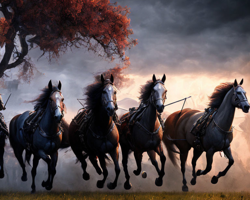 Four armored riders on horses gallop under fiery sky.