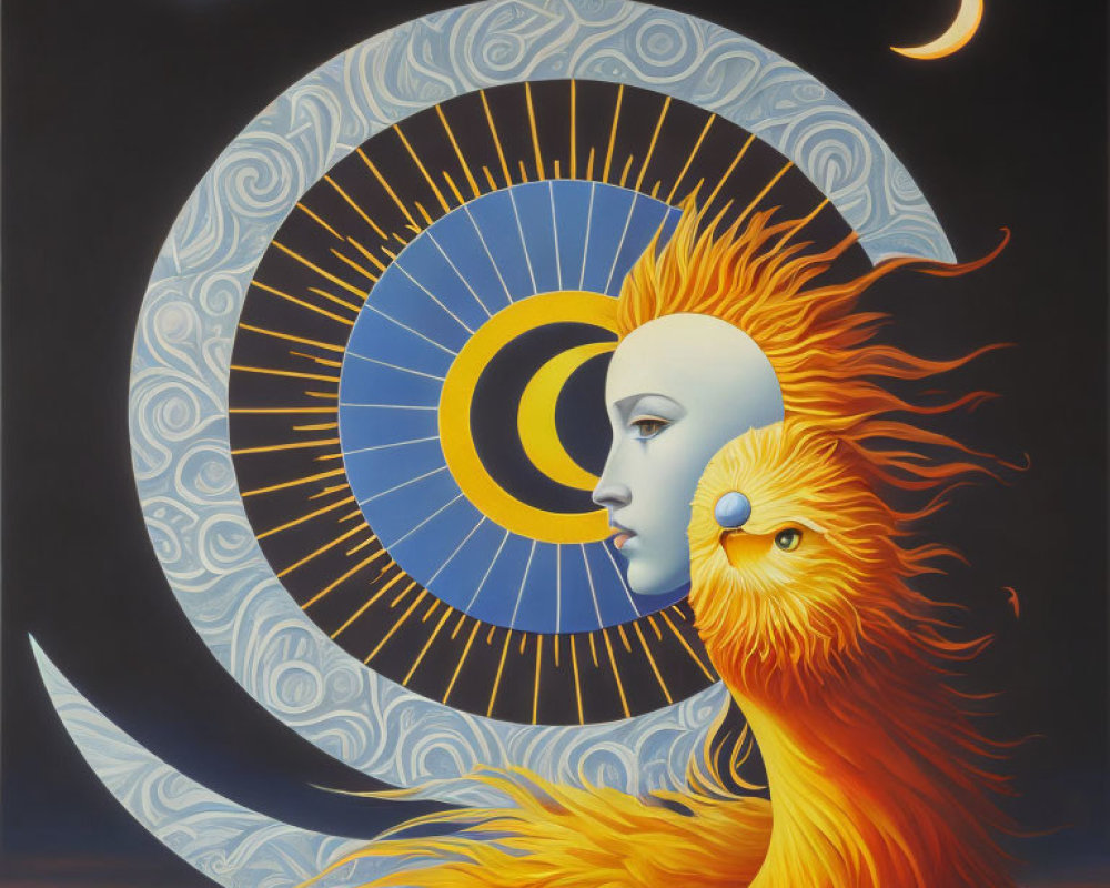 Surrealistic painting of sun and moon duality with crescent moon face and fiery lion mane