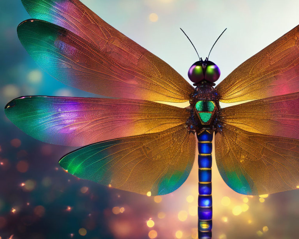 Iridescent dragonfly with translucent wings on bokeh light background