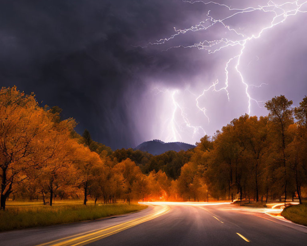 Dramatic stormy sky over winding road and autumn forest landscape